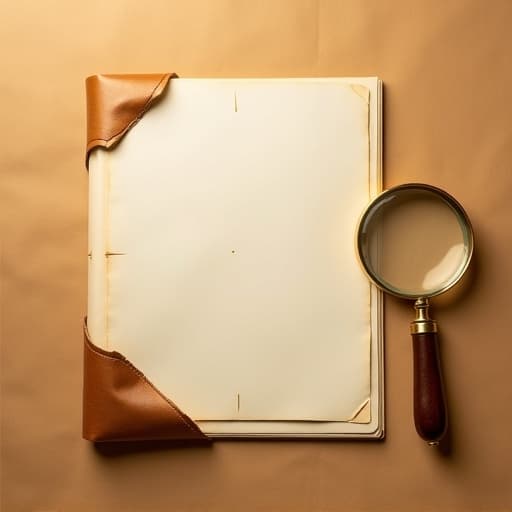 Stillleben: Aktenmappe mit Lupe in Sepia-Toenen, Pruefungs-Symbolik